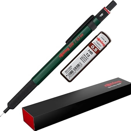 rOtring 500 Druckbleistifte, 12 x 0,5 mm HB-Minen, grüner sechseckiger Kunststoffschaft und rutschfester, strukturierter Metallgriff