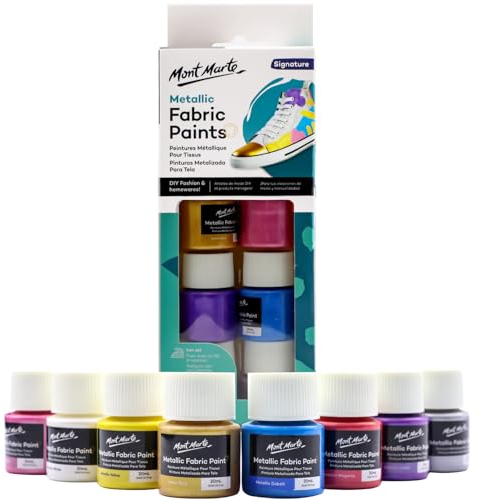 MONT MARTE Peinture Textile & Tissu Set Métallique | 8 pcs x 20ml | Peintures Textiles Permanentes | Couleurs pour Vêtements, Sacs et tous les Tissus