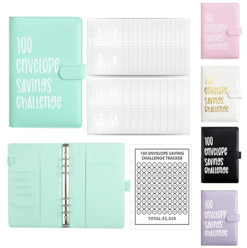 AMONENZ Grün Budget Planer, A5 Geldsparmappe, Kunstleder Sparbuch | mit 100 Umschlägen, Wasser und Staubdicht, Home School Office Budget Binder