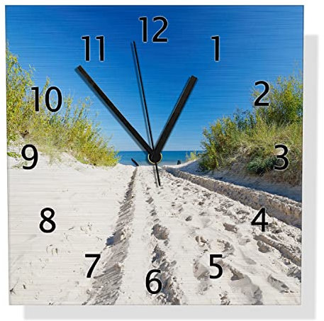 Wallario Design Wanduhr Auf dem Sandweg zum Strand - Blauer Himmel über dem Meer aus Aluverbund, Alu-Uhr Größe 30 x 30 cm, Schwarze Zeiger mit Metalloptik