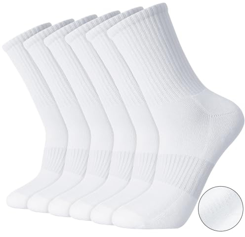 Zuimei 6 Pairs Cushioned Crew Sport Socks for Men and Women, White Cotton Athletic Trainer Socks for Walking Hiking Work Running Trainer Gym Outdoor