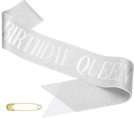 PATIKIL Banda de Cumpleaños para Chicas, Banda para Mujeres Sash Reina de Satén Decoraciones de Fiesta con Alfiler de Seguridad para Regalos y Favores de Fiesta, Fantasía Plateada