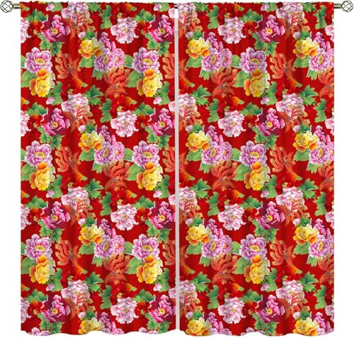 Vorhang Kinderzimmer Bunte Retro-Blumen Kinder Vorhänge Mit Ösen Polyester Gardinen Thermovorhang Blickdicht Ösenschal Kindergardinen 140X160 cm (B + H) Für Wohnzimmer,2Er Set-924202406