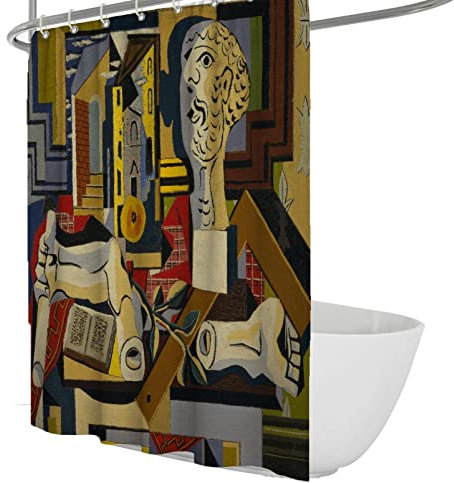tende da doccia dal design estetico cubista Studio con testa in gesso tende da bagno con stampa di dipinti famosi con ganci a forma di C Impermeabile W200xL220(cm)