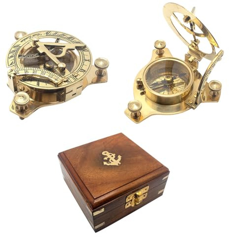 Bussola per orologio da sole in ottone nautico, 2, design antico, con scatola di legno e marchio di ancoraggio