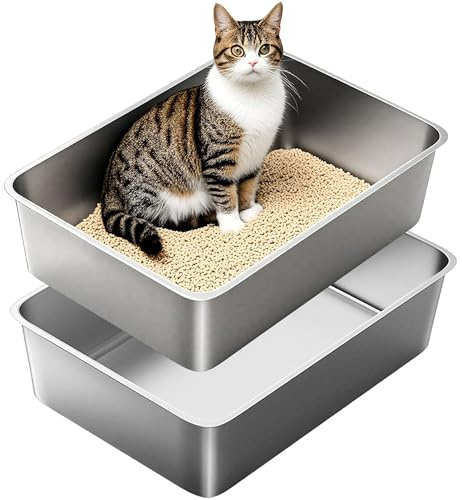 Edelstahl Katzenklo Große Katzentoilette, 2 Stück XXL Metall Katzenklo für Große Katzen, Offenes Katzenklo ohne Deckel, Hop-in Katzen Klo, 60 x 40 x 15 cm, Geruchsfrei, Rostfrei, Auslaufsicher