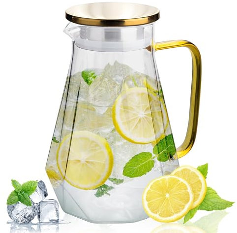 Qudubuy 2L Glass Water Jug with Gold Stainless Steel Lid & Handle, Diamond-Textured Carafe, 67.6oz Pitcher Non-Drip Spout for Juice, Milk, Coffee, Tea, Hot & Cold Beverages, Fridge Safe