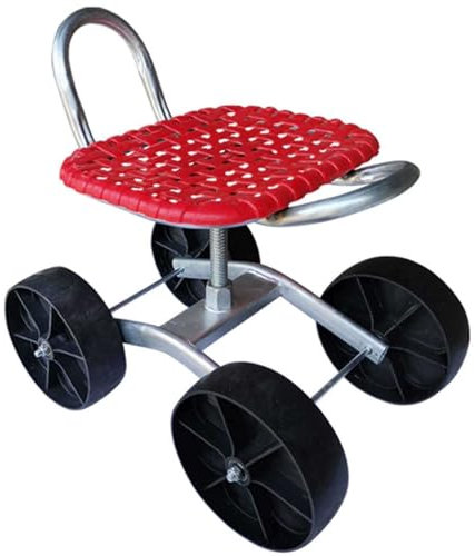 Siège de jardin roulant à 4 roues avec rotation à 360°, chariot pliable en hauteur réglable pour désherber, planter et entretenir la pelouse – Idéal pour le jardinage Rouge
