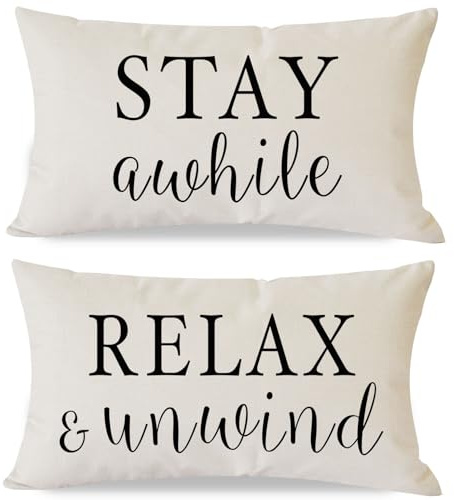 PANDICORN Decorative Throw Pillow Covers 12x20 Inch Set of 2 Stay Awhile Relax & Unwind Outdoor Modern Farmhouse Porch Patio Decorations Lumbar Cushion Cases for Home Living Room Sofa Couch Decor
