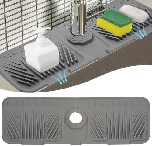 Tappetino in silicone per rubinetto, inclinazione a 5 gradi, paraspruzzi per cucina, lavabo, tappetino in silicone, tappetino antigoccia, paraspruzzi per lavabo, grigio, 44,5 x 14 cm