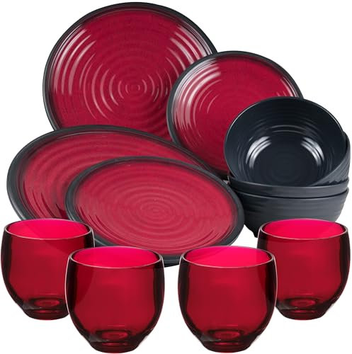 Melamin Geschirr Set für 4 Personen 16 Teile mit Campingglas Trinkglas rot schwarz Tonoptik - Essgeschirr Acryl Gläser Wasserglas - Campinggeschirr Picknick ideal für Camping modern Outdoor