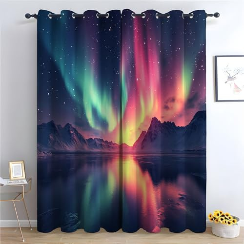 WQBQKKX Blickdicht Gardinen Landschaft Vorhang Bunte Texturlinien Vintage Muster Verdunkelungsvorhang Landhaus Polyester Ösenschal für Schlafzimmer Wohnzimmer-H240 x B140 cm (2er Pack)
