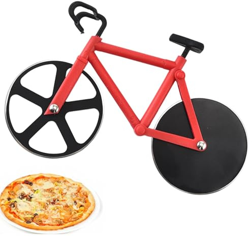 Roulette à pizza en forme de vélo, roulette à pizza en acier inoxydable, double couteau à pizza super tranchant avec revêtement anti-adhésif et béquille, gadgets de cuisine, fournitures de fête, rouge