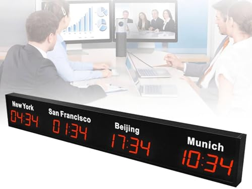 FLNOZAMZ Reloj Mundial Digital Grande, 3/4 Zona horaria de la Ciudad LED Reloj de Pared de Hora Mundial Digital Reloj de Pared Mundial de Zona horaria múltiple para Interiores (4city Red)
