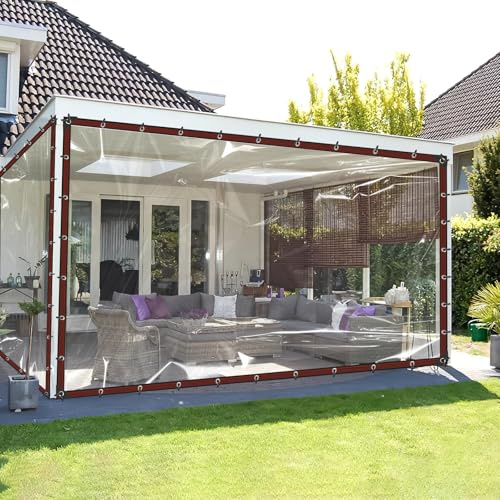 12X12FT Clear Waterproof Tarps (Increase Grommets, 33FT Windproof Rope Ties) Heavy Duty Poly Tarpaulin Outdoor Rainproof Covering, Clear Plastic Vinyl Tarp for Patio Covering Henhouse Porch Canopy