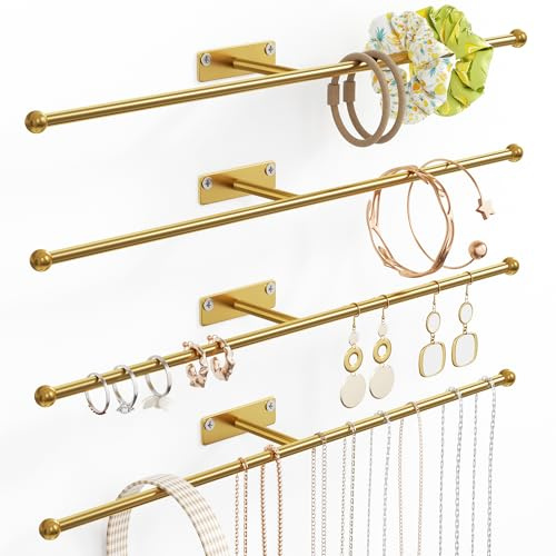 Josmimic Wall Hanging Jewelry Organizer: 12.6'' Necklace Holder for Earring, Bracelet, Rings, Hairband, Glasses, Gold 4-Pack, Screws Included