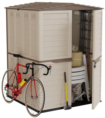 Intec – Cobertizo de jardín al aire libre, color beige – Cabañón de jardín con suelo 151 x 146 x 200 – Almacenamiento de herramientas, bicicletas