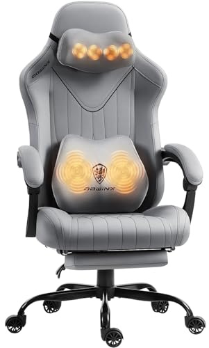 Dowinx Gaming Stuhl mit Massagefunktion, Ergonomisch Gestaltet Gaming Sessel mit Lendenwirbelstütze und Nackenstütze,Gaming Chair bis 135 kg Höhenverstellbar, Leder Geeignet für Erwachsene,Grau