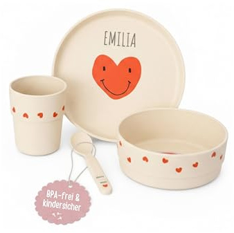 wunderwunsch personalisiertes LÄSSIG Kindergeschirr Set (Teller, Becher, Schälchen, Löffel) ohne Melamin, BPA-frei, für Spülmaschine und Mikrowelle/Dish Set (Herz)