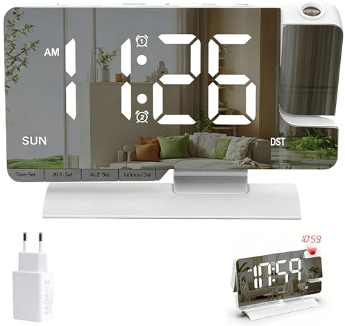 Behogan Sveglia digitale con proiezione: orologio da tavolo, sveglia a proiezione camera da letto con proiettore girevole a 180°, sveglia a proiezione, display LED, orologio a specchio per soggiorno e