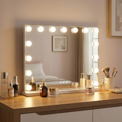 COSTWAY Hollywood Vanity Mirror with Lights, Tabletop Lighted Makeup Mirror with 3 Color Modes & Touch Screen, Large Cosmetic Dressing Table Mirror for Bedroom (58 x 45cm, with 15 Dimmable LED Bulbs)