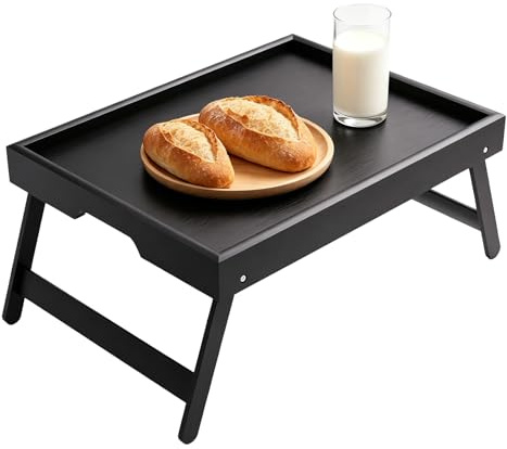 TOATELU Vassoio da letto in bambù con gambe pieghevoli, vassoio da portata per colazione a letto, vassoio per computer portatile, vassoio per snack per letto e divano – 40 x 30 x 19 cm, nero