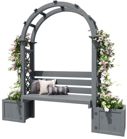 Arche à rosiers avec treillis et banc : jardinière en bois comme brise-vue pour jardin, terrasse et balcon, gris