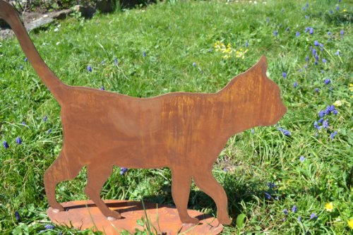 Katze aus Stahl mit Edelrost auf Platte- Qualitativ hochwertig - für die Dekoration auf Balkon, Terrase und Garten
