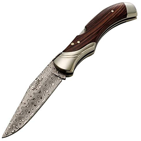 Muela Navaja GL-10DAM hoja de acero damasco de 9,5 cm y empuñadura de palovioleta con alpaca para Caza, Pesca, Supervivencia y Bushcraft Realizado en Ciudad Real + Portabotellas de regalo