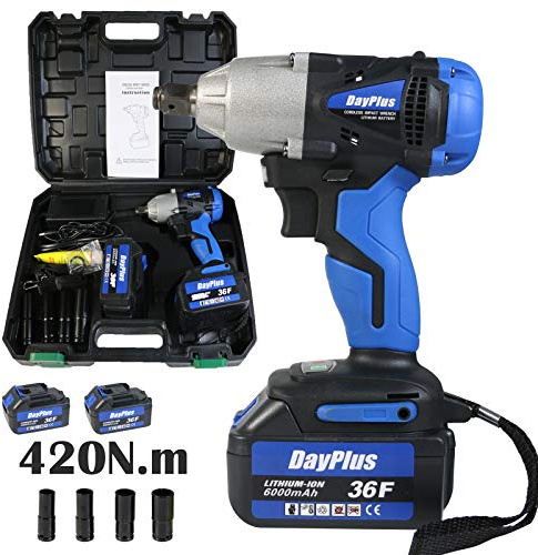 Cordless Electric Brushless Impact Wrench with Two Batteries 6.0Ah Lithium-Ion 18V 1/2inch Drive 420Nm Variable Speed Power Tool for Car Tyre Scaffolding Lug Nut Removal Wheel Brace