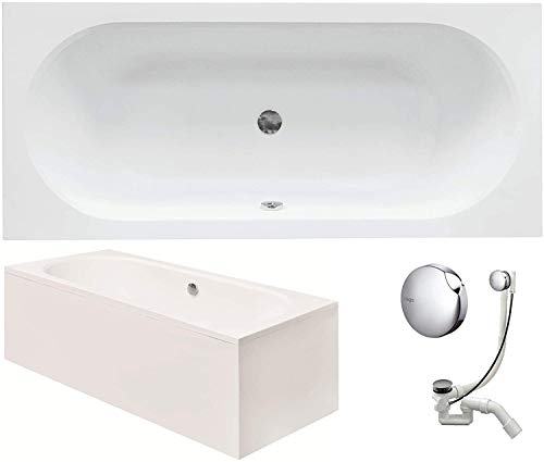 VBChome Badewanne 150 x 75 cm Acryl SET Schürze Siphon Acrylwanne Wanne Rechteck Weiß Design Modern Wannenfüßen Ablaufgarnitur Chrome
