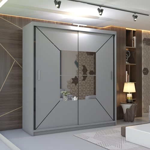 MN Furniture Modern Sliding Door Wardrobe with Mirror Panels and LED Light, Bedroom Wardrobe Storage with Shelves and Hanging Rails (Grey, 203cm)