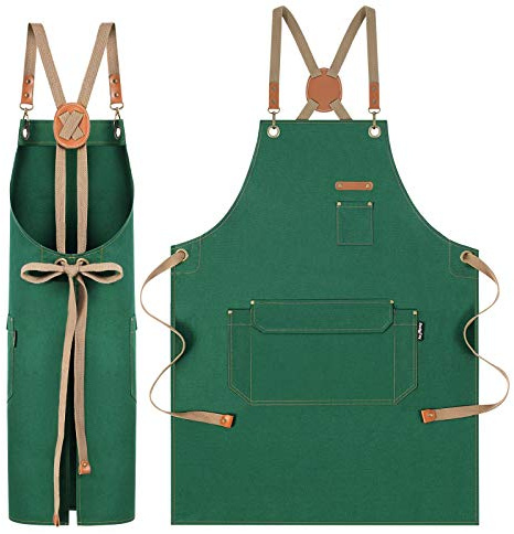 RockyToy Chef Apron with Pockets, Cotton Canvas Apron for Artists Painting, Kitchen Cooking for Men and Women, Adjustable Size S-XXL, Green