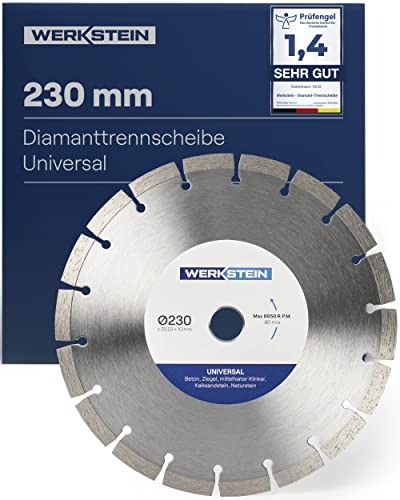 WERKSTEIN Extrem langlebige Diamantscheibe 230mm x 22,23mm x 10mm I Universal Diamanttrennscheibe 230 mm zum Schneiden von Stein, Beton, Ziegel uvm. I Trennscheibe 230 Beton für Winkelschleifer