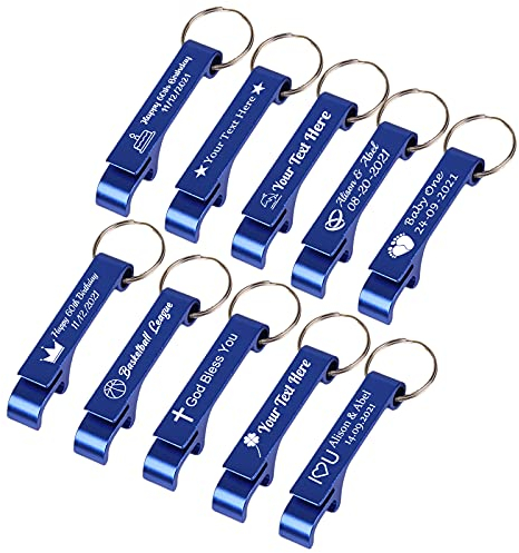 BYWEXCLESD Personalised Bottle Opener Keyring Custom Bottle Opener Keychain Bulk for Men Boyfriend Wedding Favors Party Free Engraving Logo Name Text 10 Pcs, Blue