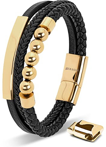 SERASAR Accessori da Uomo Bracciale da Uomo in Oro 17cm Bracciale in Pelle Bracciale da Uomo Con Cinturino in Pelle Gioielli da Uomo Bracciale intrecciato A Catena Con involucro intrecciato