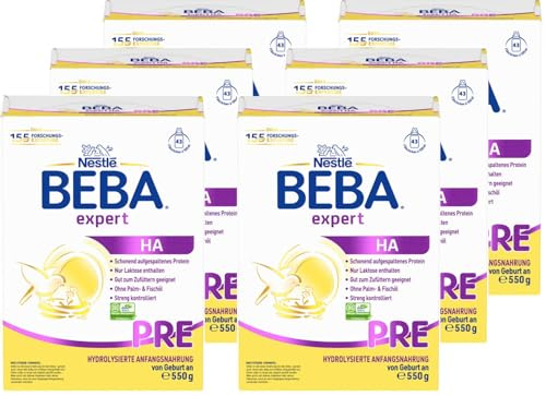 BEBA expert HA PRE – Hydrolysierte Anfangsnahrung von Geburt an (6x550g) | Hydrolysierte Anfangsnahrung von Geburt an, patentiertes Produkt, nur Laktose, ohne Palmöl, wissenschaftlich geprüft