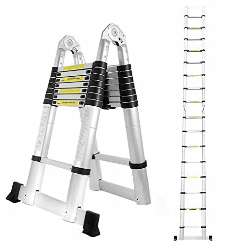 Scaletta Telescopica Alluminio con 6+6 Gradini, 1,9 m +1,9 m Scala Allungabile, Scala Pieghevole Leggera, Forte e Stabile, Multiuso, Portata 150 kg, Norma EN131