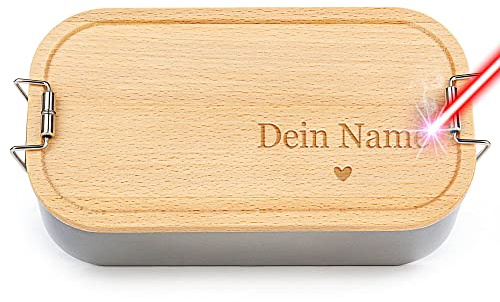Print Royal Brotdose mit Gravur selbst gestalten - Herz - mit Name personalisieren - Geschenk Familie, Freunde, Geburtstag, Schule, Camping - Lunchbox, Holzdeckel, BPA-frei, 600 ml