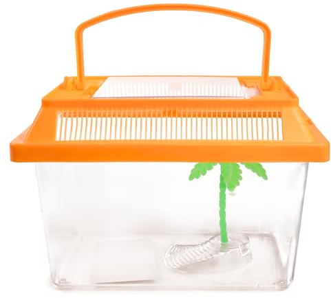 Needzo Mini Neon Plastic Reptile Carrier, Small Terrariums for Hermit Crabs, Lizards, and More with Palm Tree Accessory, Crab Hunting Supplies, Color May Vary, 7 Inches