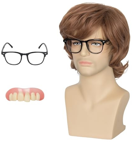 Koonfan Kurzhaarige Perücke für Herren, goldbraun, Cosplay-Perücke mit schwarzer Brille und falschen Zähnen für Halloween