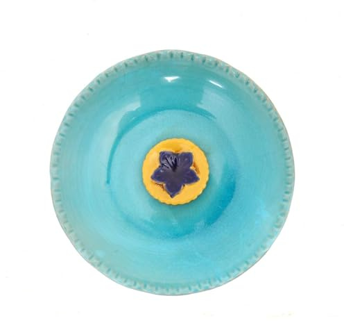 Voltogar Vogeltränke aus Keramik für den Außenbereich, Vogeltränke mit Vintage-Dekoration für Garten und Terrasse, blaue Vogeltränke, gelbe Blume, 31,1 cm