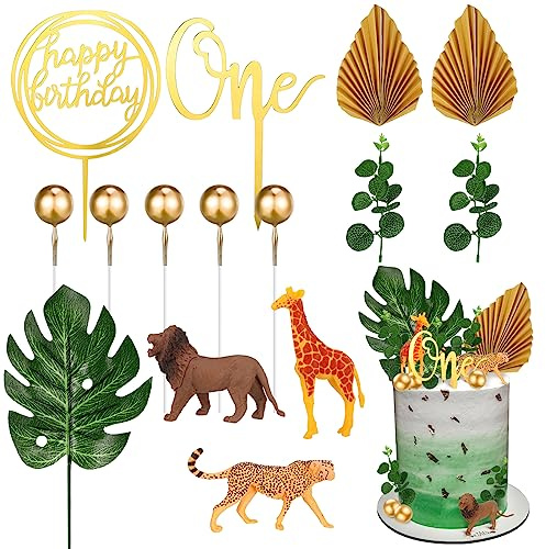Realistic Animal Cake Toppers, 15 PCS Safari Jungle Cake Toppers with Artificial Plam Leaves Eucalyptus Leaves Decors with Lion Giraffe Cheetah for Wild Theme Birthday Baby Shower Party (One)