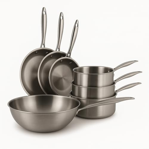 MENASTYL - Batterie de cuisine 7 pièces inox 18/10 Triply tous feux dont induction fabriquée en France sans PFAS - Compatible lave-vaisselle - 3 poêles, 3 casseroles, 1 wok - Poignée rivetée - 6014203