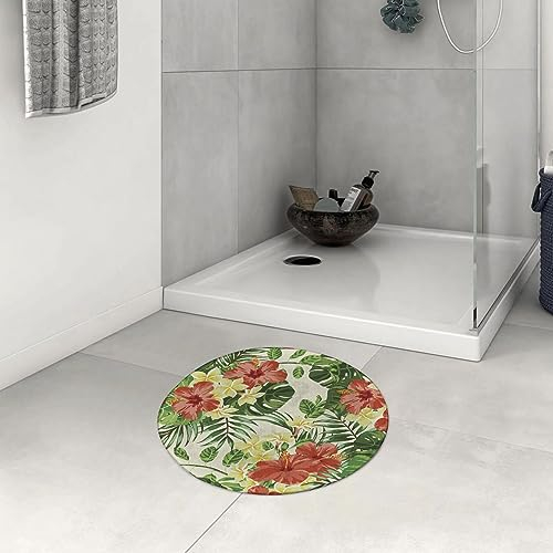 Badezimmerteppich rutschfest Exotisches Muster mit Plumeria Hibiscus Monstera Palmenblumen und Blättern Waschbar teppich rund Weich Flauschig Badteppich Weich Kurzflor Mikrofaser Badvorleger 60 cm