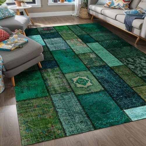 bamyum Trunk Waschbar Teppich Wohnzimmer Grün Vintage Patchwork 200x300cm | Chenille Wohnzimmerteppich Schlafzimmerteppich Esszimmerteppich rutschfest OEKO-TEX zertifiziert Baumwollrücken Bio Deko