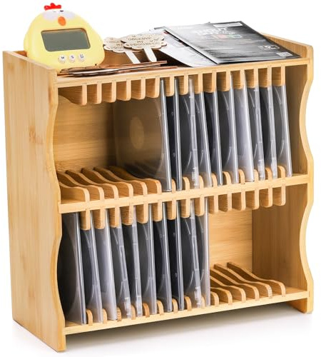 Lyellfe CD Holder Rack, Bamboo CD Rack Organizer with Rubber Feet, DVD Display Shelf for Movie Cases, DVDs, Cassette Tape, Holds up to 32 CD Cases
