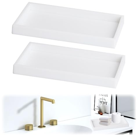 2 Stück Badezimmertablett, Badezimmer Tablett aus Silikon, Badezimmer Waschbecken Lagerung Tray, Rutschfestes Rechteckiges Tablett, Platte Tablett, für Gewebe, Kerzen, Handtuch, Kosmetisch (Weiß)