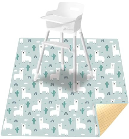 Treer Unterlage für Hochstuhl Baby, Kaktus Muster Hochstuhl Bodenmatte Wasserdicht Spritzmatte für Hochstuhl, 110x110cm Rutschfest Krabbelmatte Faltbar Bodenschutzmatte (Karikatur Alpaka)