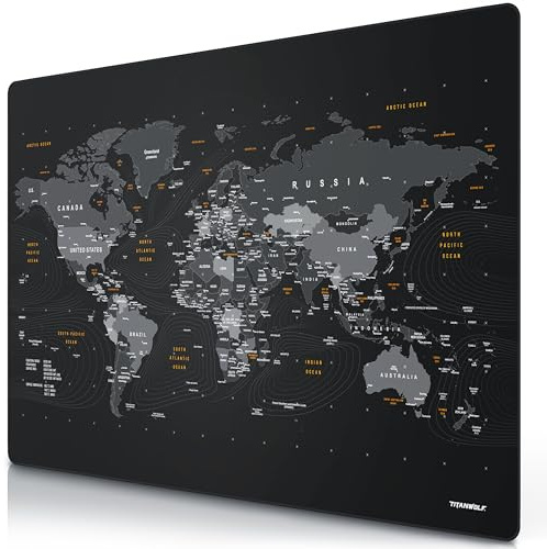 Titanwolf - XXXL Übergröße Mauspad 1200x800 mm - XXXL Großformat - Schreibtischunterlage - gummierte Rückseite - rutschfest und abwaschbar - Gaming - Präzision und Geschwindigkeit - Weltkarte englisch